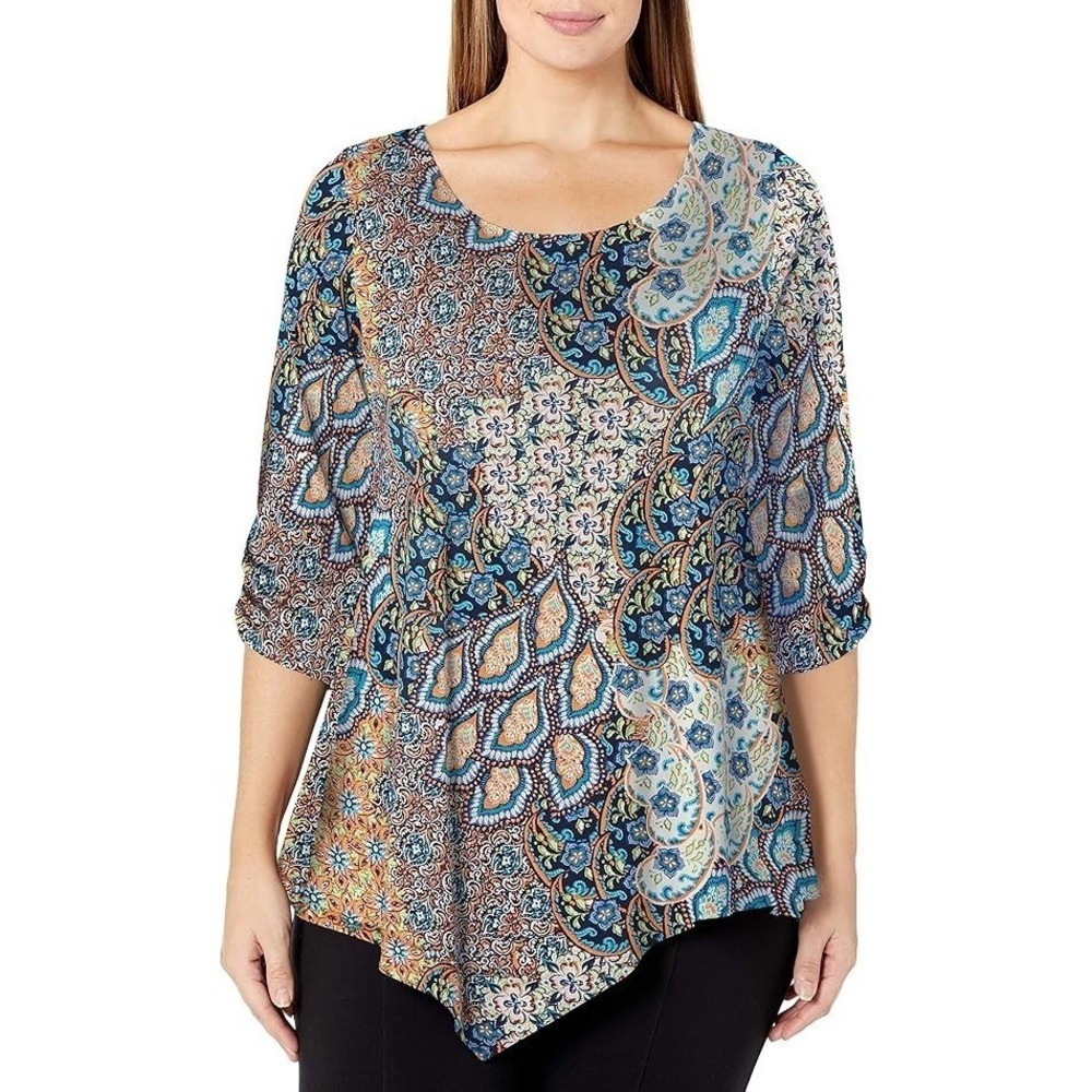 Star Vixen Short Sleeve Multicolor Handkerchief Hem Top Women's XL* Necklace NWT